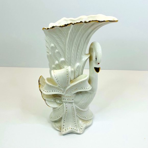 Other - Vintage Ceramic Swan Vase About 9.75” White With Gold Accents